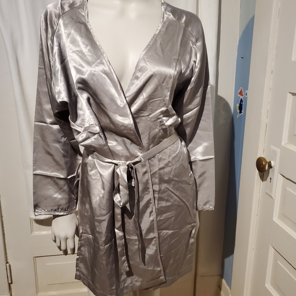 Feminine Secret Silky Robe, NWT, Small, Silver